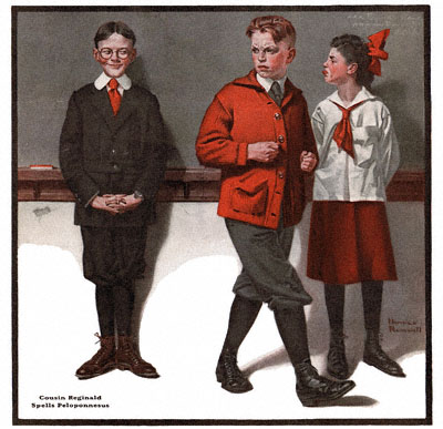 Cousin Reginald Spells Peloponesus by Norman Rockwell (1918) The Country Gentleman from 2/9/1918 featured this Norman Rockwell illustration, Cousin Reginald Spells Peloponesus